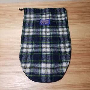 Pendleton Drawstring Top Pouch Bag 100% Virgin Wool Blue Green Plaid Travel Shoe